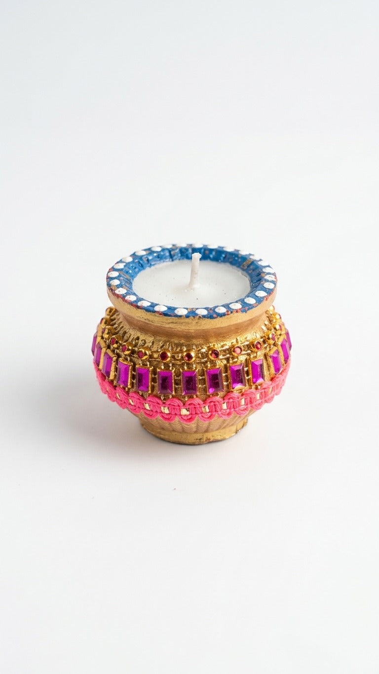 Handcrafted Gem-Studded Clay Diwali Diyas (Pack of 7)