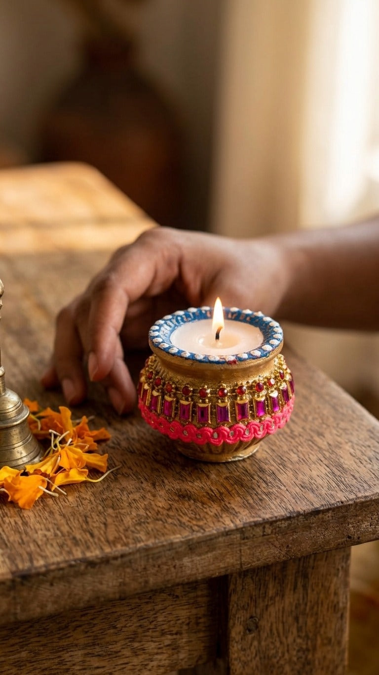 Handcrafted Gem-Studded Clay Diwali Diyas (Pack of 7)